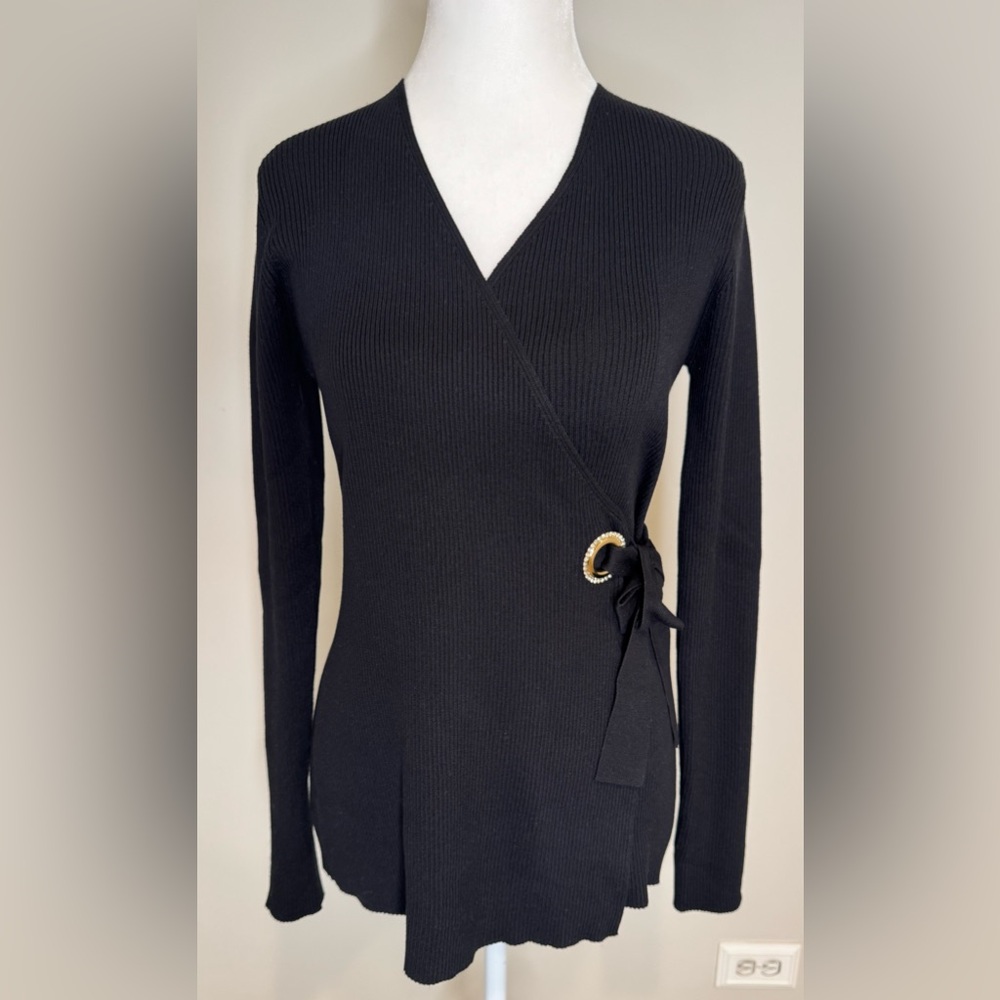 NWT B My Story Black Ribbed Long Sleeve Wrap Sweater Gold Buckle Detail Size L